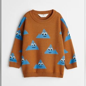 H&M Boys Tan/Blue Cartoon Print Jacquard-Knit %100 Cotton Sweater